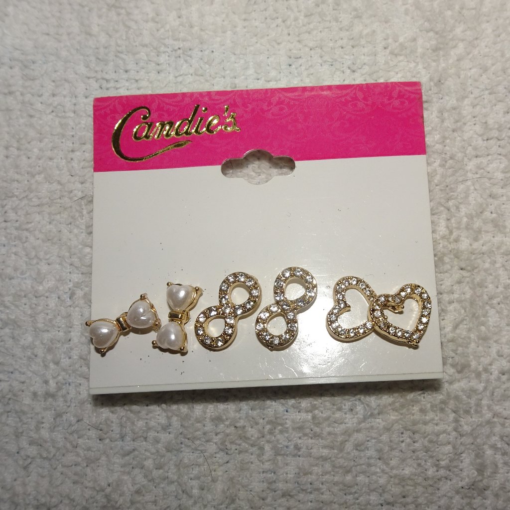 3 Pair Candies Rhinestone Pierced Earrings 10$